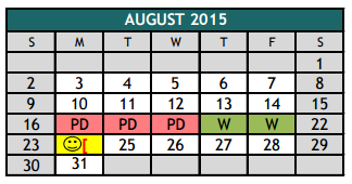 District School Academic Calendar for The Academy At Nola Dunn for August 2015