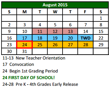 District School Academic Calendar for Don T Durham Elementary for August 2015