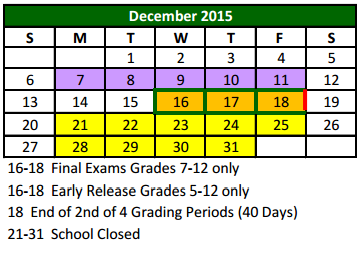 District School Academic Calendar for Eubanks Intermediate for December 2015