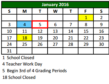 District School Academic Calendar for Carroll Senior High School for January 2016