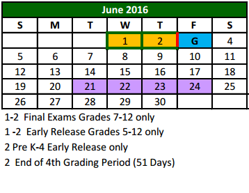 District School Academic Calendar for Don T Durham Elementary for June 2016