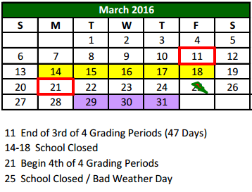 District School Academic Calendar for Don T Durham Int for March 2016