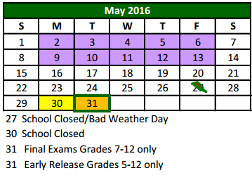 District School Academic Calendar for Don T Durham Int for May 2016