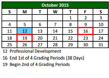 District School Academic Calendar for Don T Durham Int for October 2015