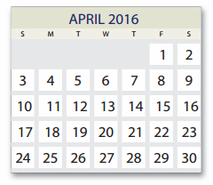 District School Academic Calendar for Pre-k Ctr II for April 2016