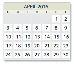 District School Academic Calendar for Salazar Alternative Education Prog for April 2016