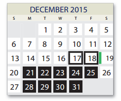 District School Academic Calendar for Huie Special Educ Ctr for December 2015