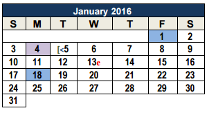 District School Academic Calendar for Mh Specht Elementary School for January 2016