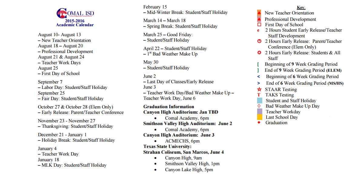 District School Academic Calendar Key for Freiheit Elementary