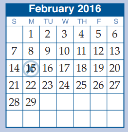 District School Academic Calendar for B B Rice Elementary for February 2016