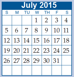 District School Academic Calendar for Juvenile Detention Ctr for July 2015