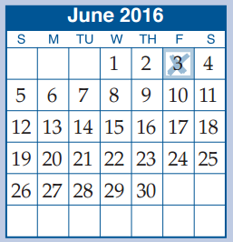 District School Academic Calendar for Anderson Elementary for June 2016