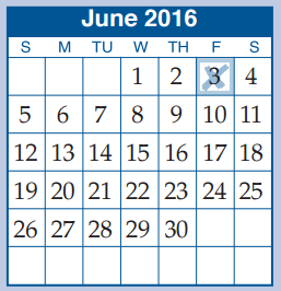 District School Academic Calendar for Collins Int for June 2016