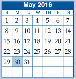 District School Academic Calendar for Houser Elementary for May 2016