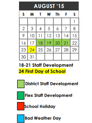 District School Academic Calendar for Valley Ranch Elementary School for August 2015