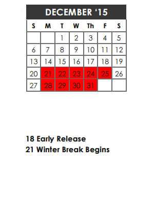District School Academic Calendar for Denton Creek Elementary School for December 2015