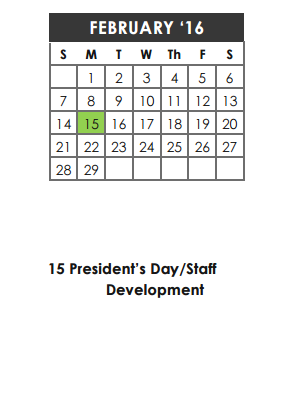 District School Academic Calendar for P A S S Learning Ctr for February 2016