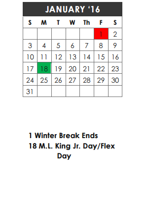 District School Academic Calendar for Mockingbird Elementary School for January 2016