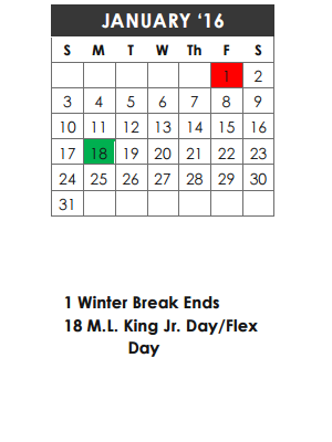 District School Academic Calendar for Lee Elementary School for January 2016