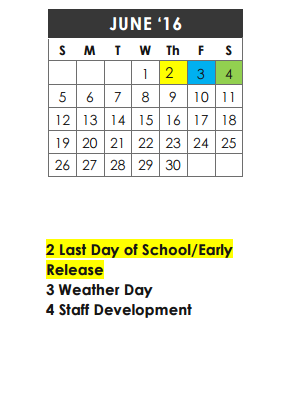District School Academic Calendar for Valley Ranch Elementary School for June 2016