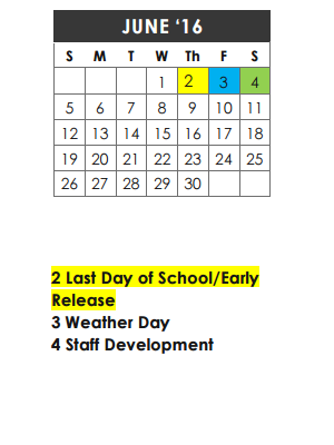 District School Academic Calendar for P A S S Learning Ctr for June 2016