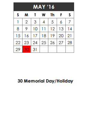 District School Academic Calendar for Mockingbird Elementary School for May 2016