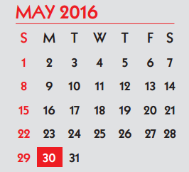 District School Academic Calendar for Galvan Elementary School for May 2016