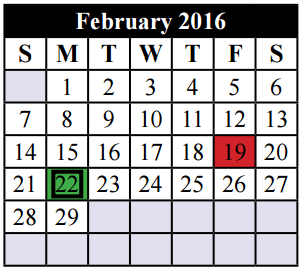 District School Academic Calendar for Tarrant Co J J A E P for February 2016