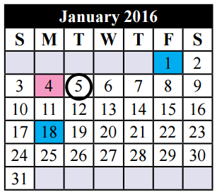 District School Academic Calendar for Tarrant Co J J A E P for January 2016