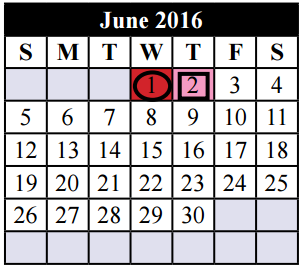 District School Academic Calendar for Jackie Carden Elementary for June 2016