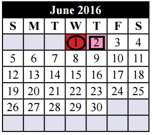 District School Academic Calendar for Bess Race Elementary for June 2016