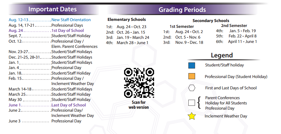 District School Academic Calendar Key for B F Adam El