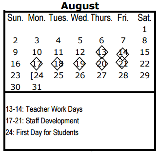 District School Academic Calendar for N W Harllee Elementary School for August 2015