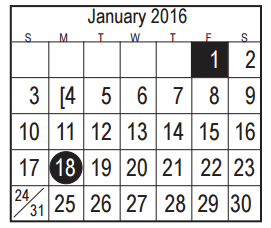 District School Academic Calendar for Harris Co J J A E P for January 2016