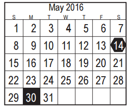 District School Academic Calendar for Harris Co J J A E P for May 2016