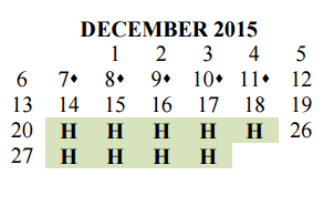 District School Academic Calendar for Del Valle Opportunity Ctr for December 2015