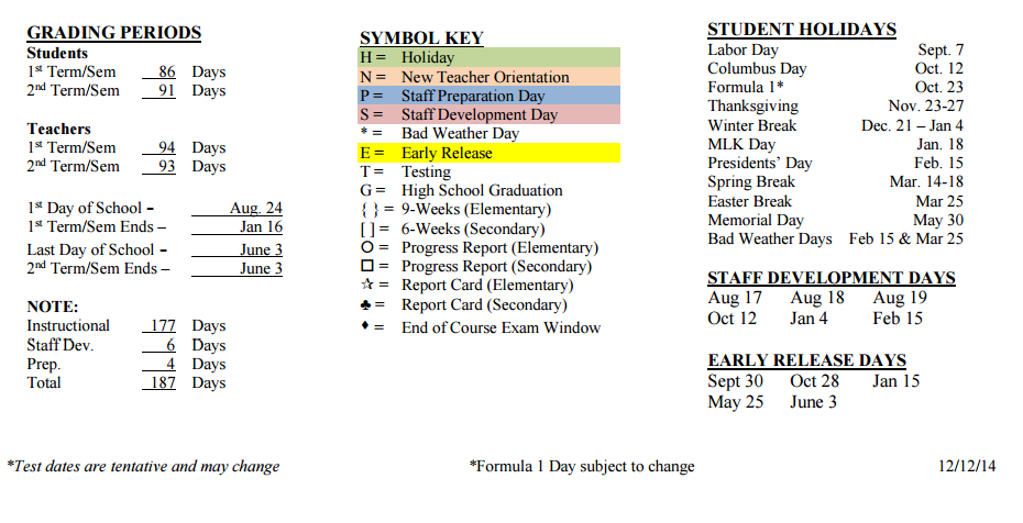 District School Academic Calendar Key for Popham Elementary