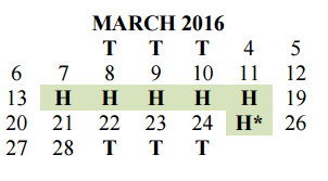 District School Academic Calendar for Hornsby Dunlap Elementary School for March 2016