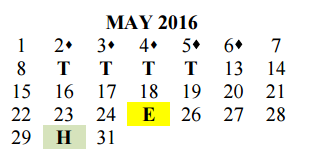 District School Academic Calendar for Del Valle Opportunity Ctr for May 2016