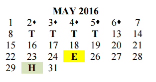 District School Academic Calendar for Travis Co J J A E P for May 2016