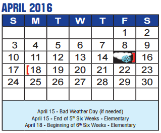 District School Academic Calendar for Joe Dale Sparks Campus for April 2016