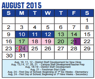 District School Academic Calendar for Lee Elementary for August 2015