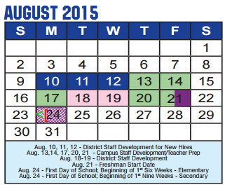 District School Academic Calendar for Joe Dale Sparks Campus for August 2015