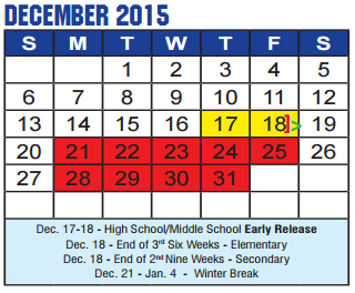 District School Academic Calendar for Denton Co J J A E P for December 2015
