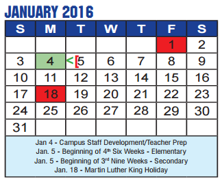 District School Academic Calendar for Providence Elementary for January 2016