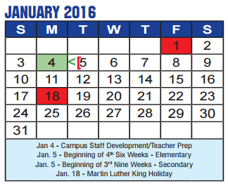 District School Academic Calendar for Navo Middle School for January 2016