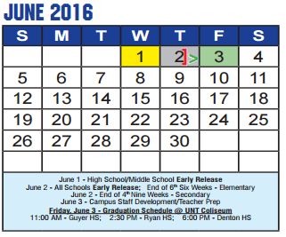 District School Academic Calendar for Denton Co J J A E P for June 2016