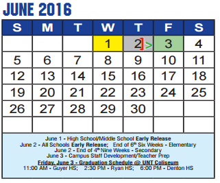 District School Academic Calendar for Joe Dale Sparks Campus for June 2016