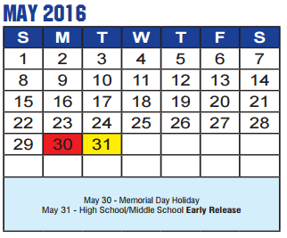 District School Academic Calendar for Denton Co J J A E P for May 2016