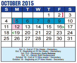 District School Academic Calendar for Denton Co J J A E P for October 2015
